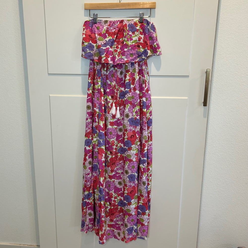 Japra‎ Maxi Strapless Dress Floral Print Pink Purple White Size S Boho Tropical